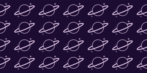 Seamless pattern of minimalist ringed planets and stars. Ideal for apparel, bandanas, gift wrap, and cosmic-themed textile designs. Simple, clean, and modern celestial vector wallpaper. © Hz Studio TH
