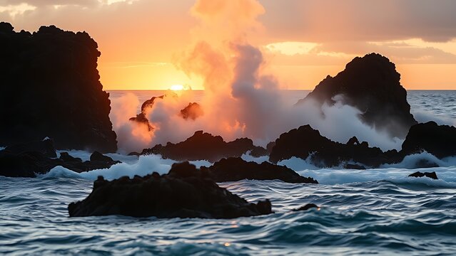 meson. Lava meeting ocean, forming black volcanic rock with rising steam at sunset. inspiring travel planning, travel magazines, designed for travel destination branding, used by nutritionists.