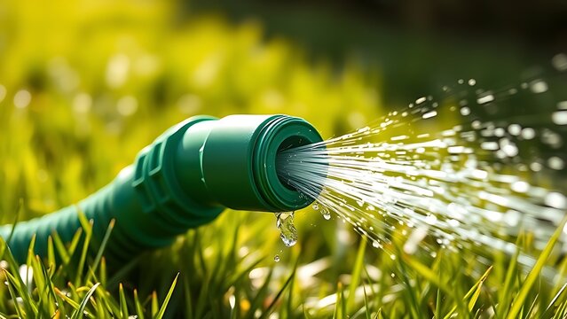 constriction. Green garden hose kinked, spraying water on sunlit grass. event key visuals, club posters, designed for sports event promotions and stadium branding and fitness apps and gym onboarding.