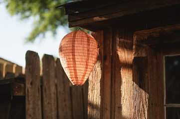 Wasp nest decoy hanging on sunny wooden shed wall