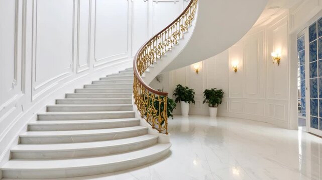 Grand sweeping white marble spiral staircase with ornate gold balustrade and wooden handrail.