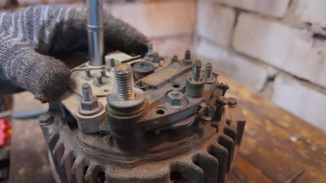 Professional car mechanic in gloves dismantling old and dirty car alternator with head key while repairing car in garage workshop close-up on table