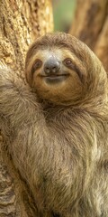 Obraz premium Smiling sloth hanging on tree trunk looking at camera