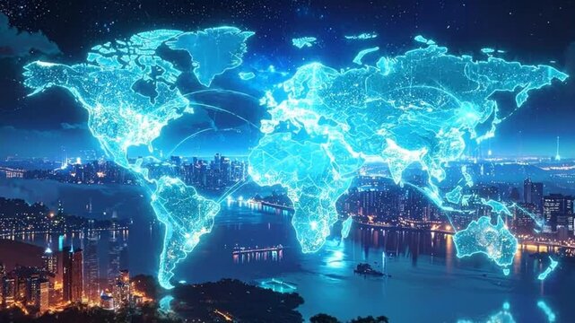 Digital world map overlaying a cityscape at night, symbolizing global connectivity and technology.