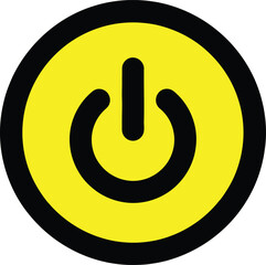 A bold yellow power button icon on a circular background with black border