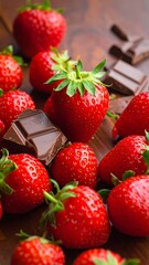 Fresh strawberries and chocolate on a wooden surface