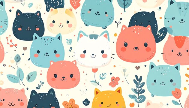 Charming seamless pattern featuring a delightful assortment of kawaii cat faces in gentle pastel hues, perfect for playful designs and adorable backgrounds