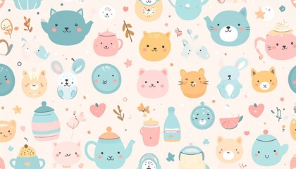 Obraz premium Adorable Kawaii Animals and Teapots Seamless Pattern with Cute Characters and Floral Accents