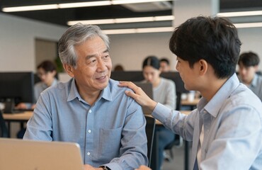 Obraz premium Supportive young Asian businessman encouraging his smiling senior mentor while working together on a laptop in a busy modern office.