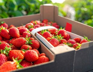 Fresh strawberries in cardboard boxes outdoors