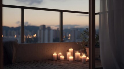 Fototapeta premium Balcony with a view of a city skyline at sunset. the balcony has a wooden floor and a large window with white curtains. in front of the window, there are several white candles arranged in a row.