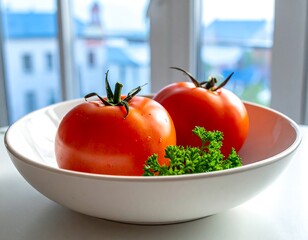 Fresh tomatoes in a white bowl on a windowsill