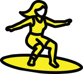Woman skillfully riding a surfboard on a wave in a stylized illustration