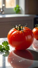 Fresh tomatoes on a kitchen counter with natural light