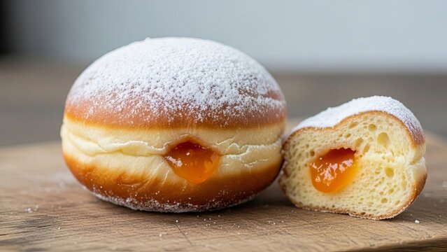 Jelly donut dusted with powdered sugar on rustic wooden board, filling visible. Delicious pastry treat.