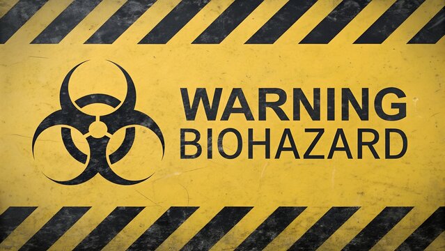 Warning biohazard sign with biohazard symbol on yellow background