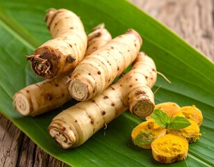 Fresh turmeric roots and slices on a green leaf