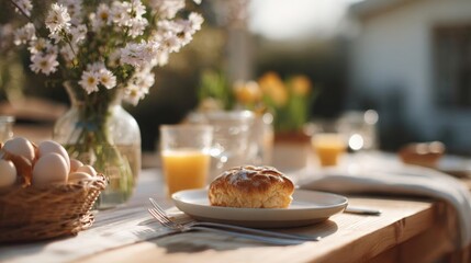 Fototapeta premium Wooden table set up for a breakfast or brunch. on the table, there is a white plate with a freshly baked bread on it, a basket of eggs, a glass of orange juice, and a vase of white flowers.