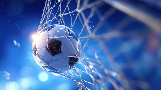 Dramatic 3D render of a ball striking the goal, net bending and light bursts