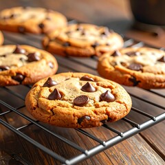 Freshly baked chocolate chip cookies on a cooling rack