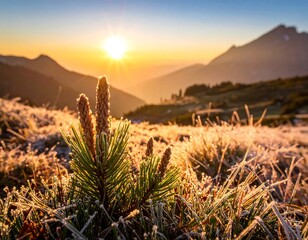 Frosty morning landscape with a pine sapling at sunrise