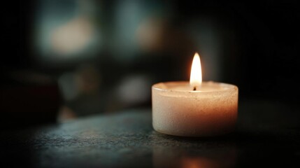 Close-up of a single lit candle on a dark surface. the candle is in the center of the image, with the flame burning brightly. the flame is a pale yellow color and appears to be slightly wickled.