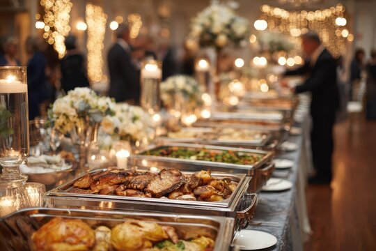 Elegant wedding buffet setup with warm lighting and floral decor