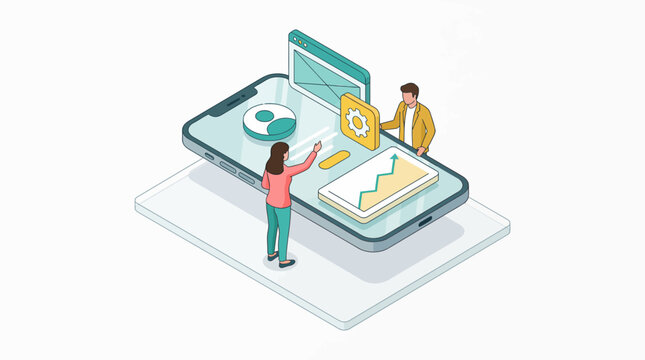 Mobile App Development and UX Optimization Team Analyzing Data. Isometric illustration of people working on digital strategy, settings, and business growth on a smartphone screen.