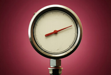 Close-up of a round industrial pressure gauge with red needle on maroon background. Concept for measurement, mechanics, engineering, and monitoring of pressure systems.