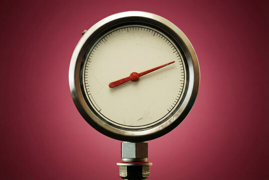 Close-up of a round industrial pressure gauge with red needle on maroon background. Concept for measurement, mechanics, engineering, and monitoring of pressure systems.