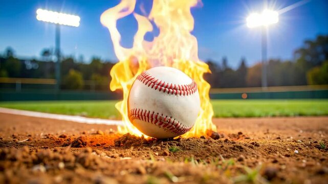 Baseball on fire on field with stadium lights at dusk