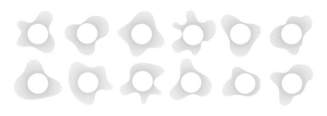Circular sound visualization with radial wave line pattern vector set. Abstract audio spectrum ring geometric burst shape. Music equalizer graphics with concentric line elements for modern design. © Konstantin