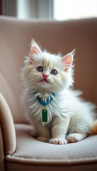 Fototapeta premium Fluffy white kitten on chair, blue collar, green tag, furry, background