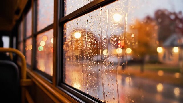 View of rainy street through a school bus window with raindrops on it