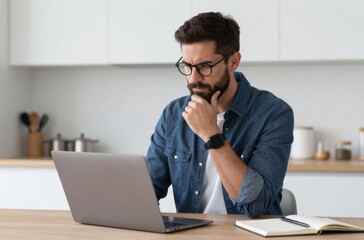 Naklejka premium Thoughtful man working remotely on laptop in modern kitchen, contemplating business decisions