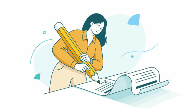 Woman Signing Business Contract or Official Document with Huge Pencil. Agreement, Authorship, and Documentation Concept. Vector Illustration.