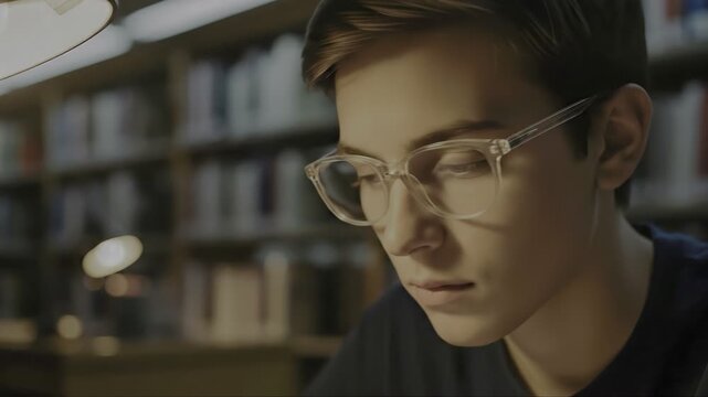 Focused student immersed in intense study session at library desk