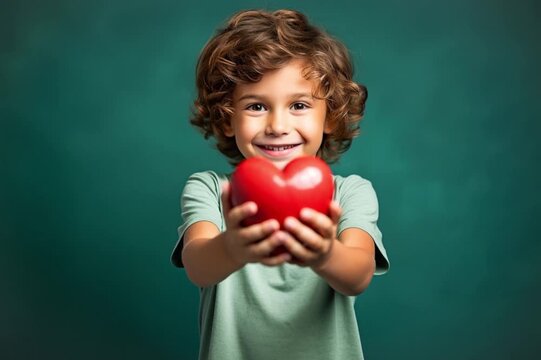 Little boy with a red heart in his hands