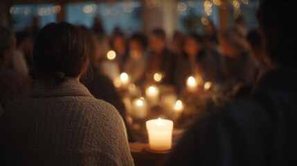 Obraz premium Group of people sitting in a room with a large window in the background. the room is dimly lit, creating a cozy atmosphere.