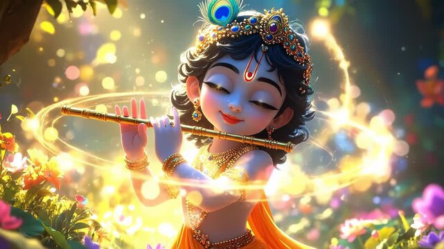 Child Krishna Playing Flute in Magical Nature 3D Illustration