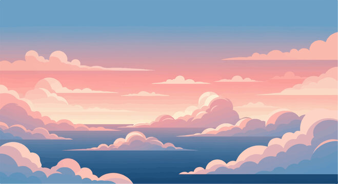 Pixel art panorama of a serene ocean at sunset with fluffy pink clouds