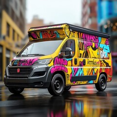 Graffiti Print Truck Parked in Urban Street with Colorful Spray Paint Artwork and Gritty City Background Photo
