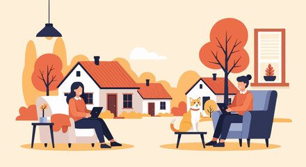 Naklejka na ściany i meble People working remotely from home with pets and autumn scenery