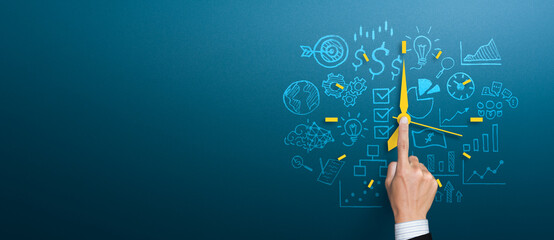 Businessman pushing button clock and business strategy, Business time management and business plans concepts