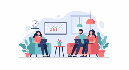 Fototapeta premium People working on laptops in a modern living room with charts on screen
