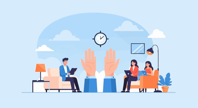 People working in a modern office setting with a clock and hands