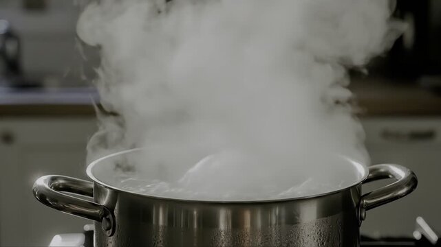 Steam rising from boiling water in stainless steel pot on kitchen stove