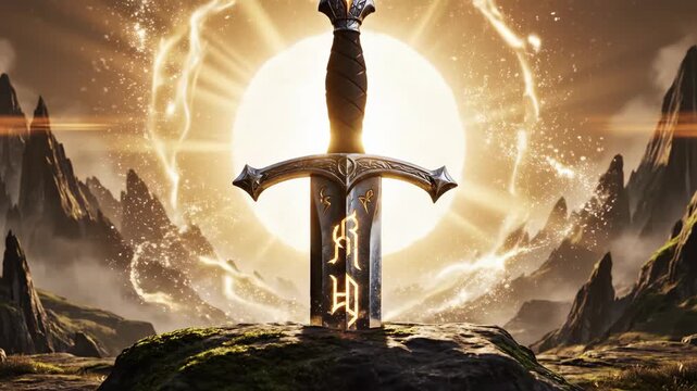 Ancient sword with glowing runic inscription immersed in rock, magical energy sphere surrounding, fantasy landscape with mountains and light rays