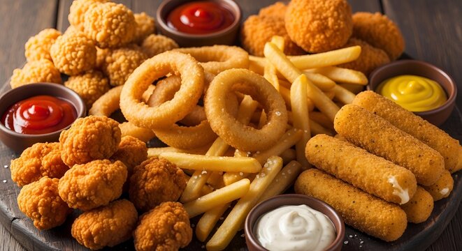 Fried Favorites Platter: Onion Rings, Fries, Mozzarella Sticks & Nuggets
Crispy Snack Platter: Diverse Fried Delights on Dark Wood
Ultimate Fry & Fry-Adjacent Board: Dips and Sauces Included