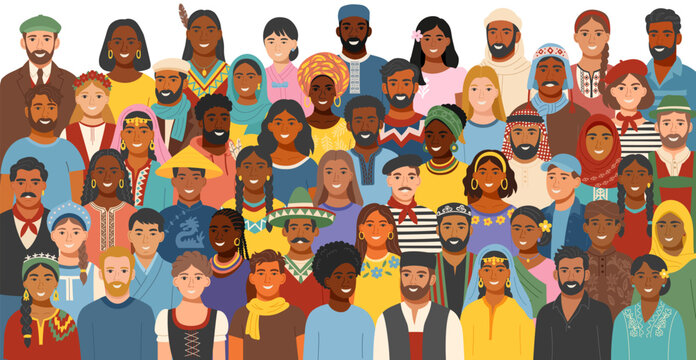 Set of a diverse group of people from different cultures wearing traditional clothing. Concept of equality, cultural diversity, friendship, inclusion. Vector flat background.